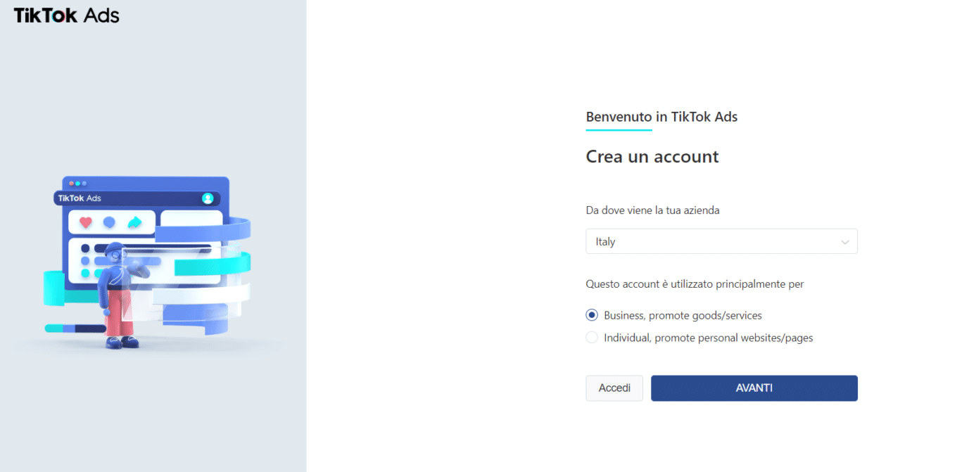 creazione di un account su tik tok ads